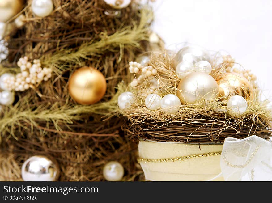 Golden christmas tree and golden globes detail. Golden christmas tree and golden globes detail