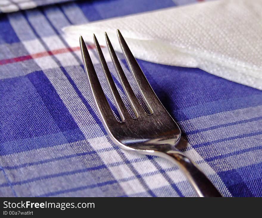 Shinny steel fork on the plaid table