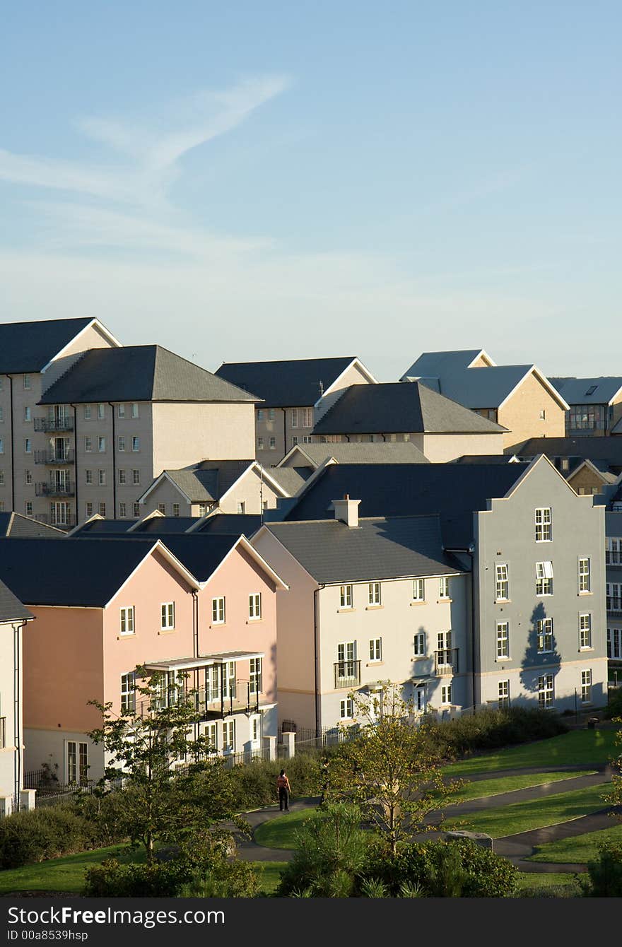 Newly built housing development and gardens. Newly built housing development and gardens