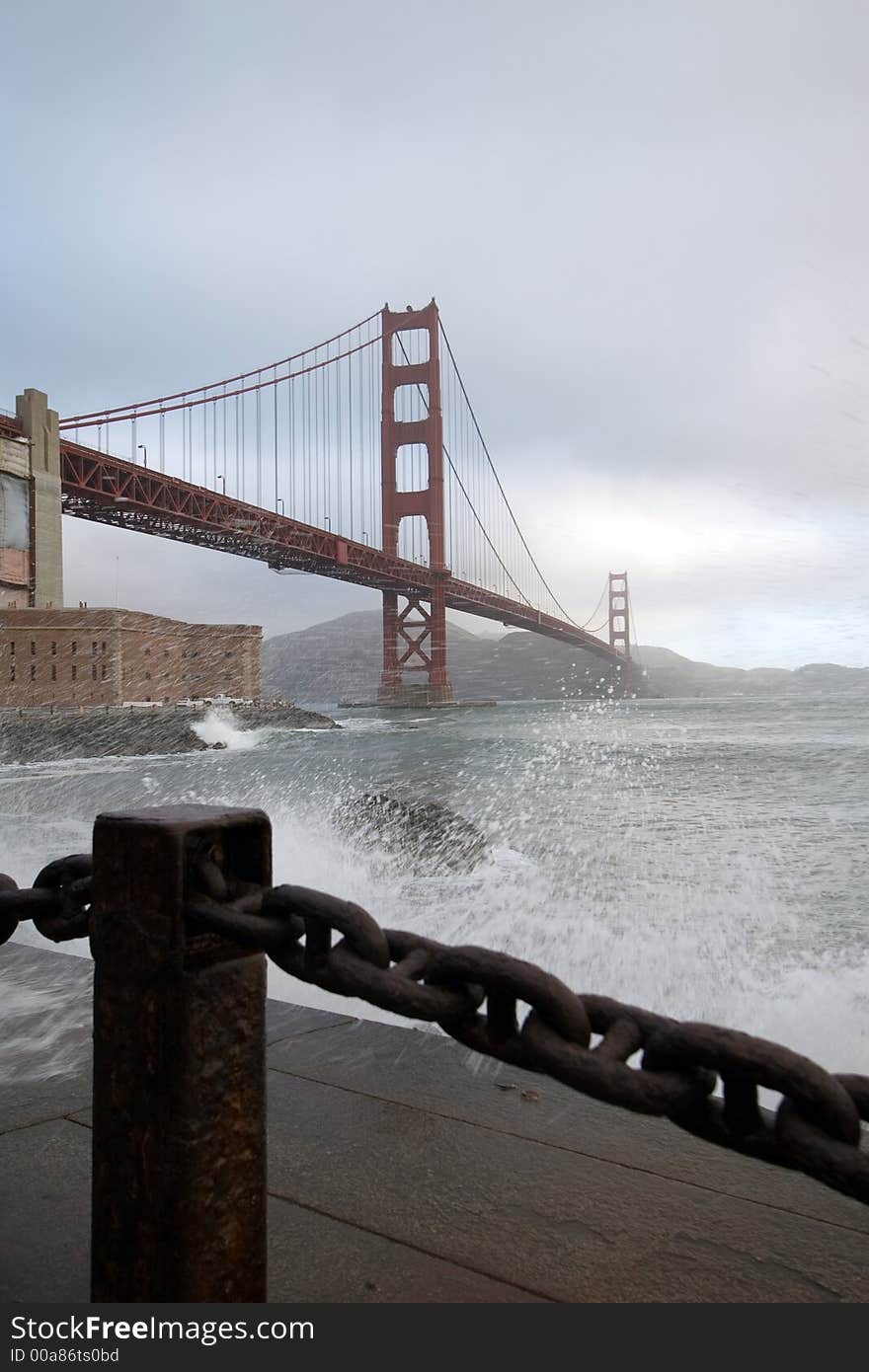 View of the Golden Gate Bridge from Fort Point, at sunrise