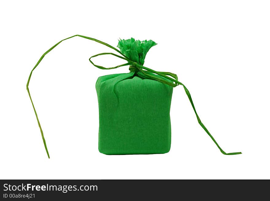 Green present with green ribbon.Present box. Green present with green ribbon.Present box.