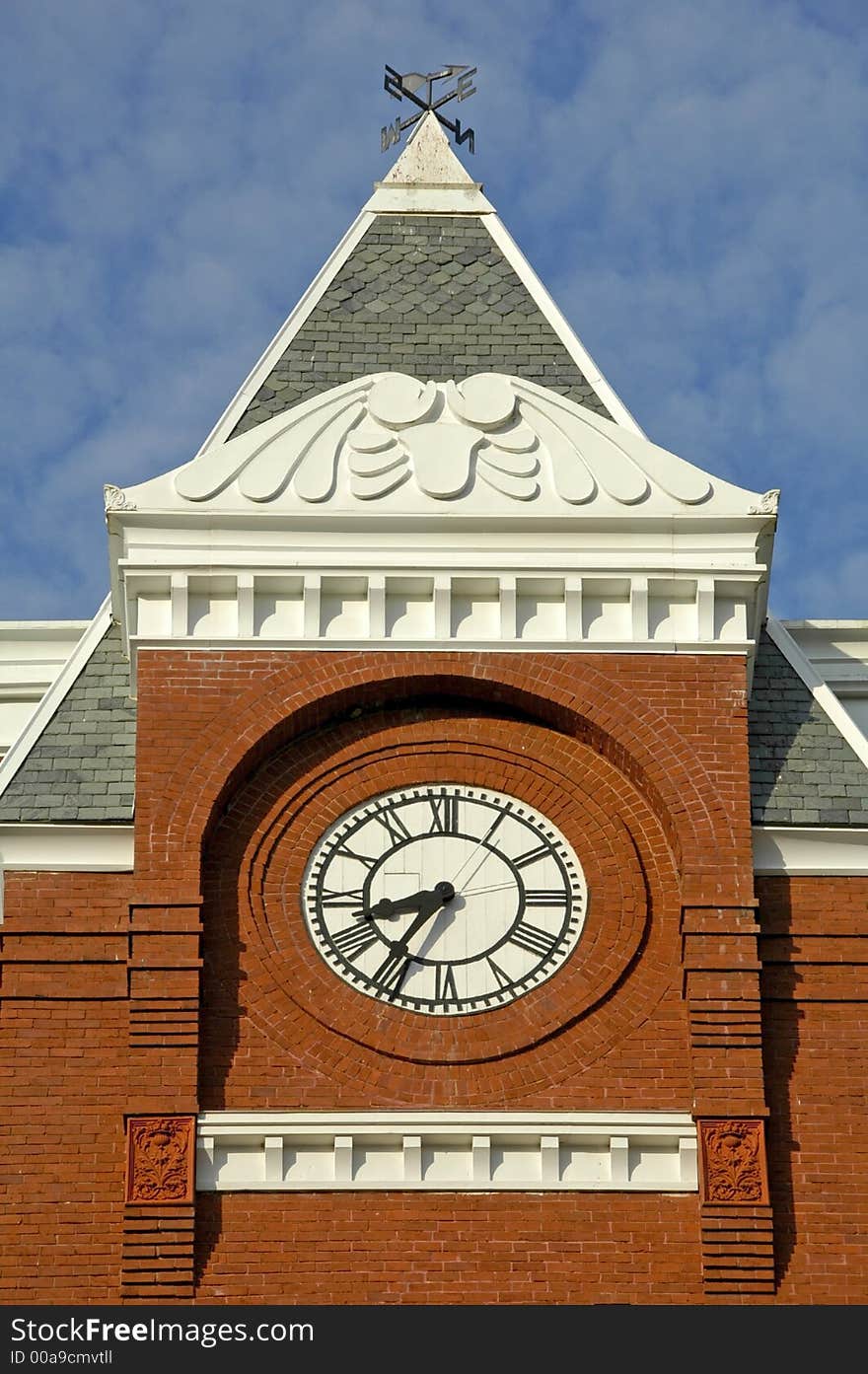 Clock tower on old courthouse building in rural southern city. Clock tower on old courthouse building in rural southern city