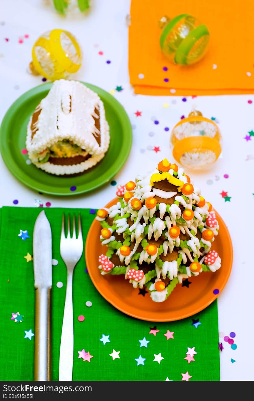 Served Gingerbread Christmas tree and house