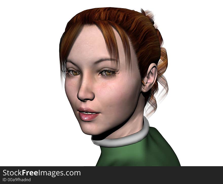 Cassandra, a beautiful woman, smiles over her shoulder. 3D model, computer generated.