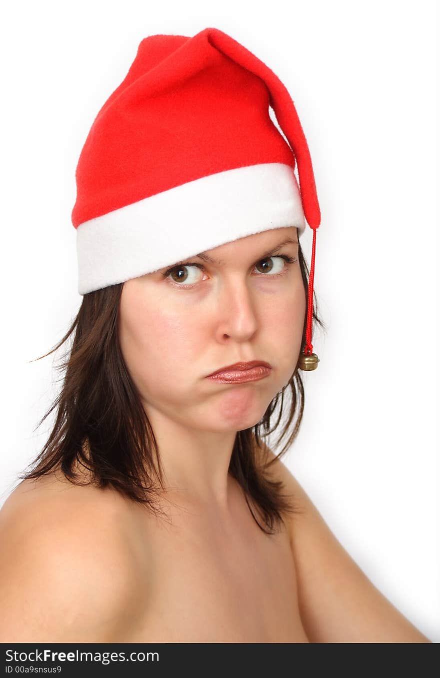 Girl with santas hat(fed up) isolated on white background