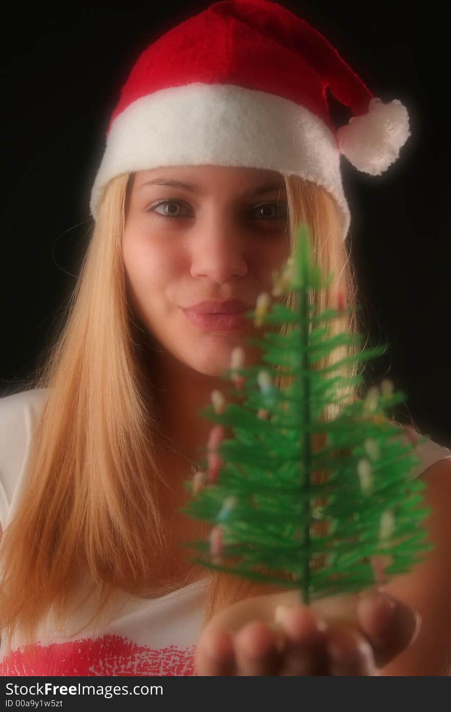 Christmas blonde girl offer a little Christmas-tree, black background. Christmas blonde girl offer a little Christmas-tree, black background