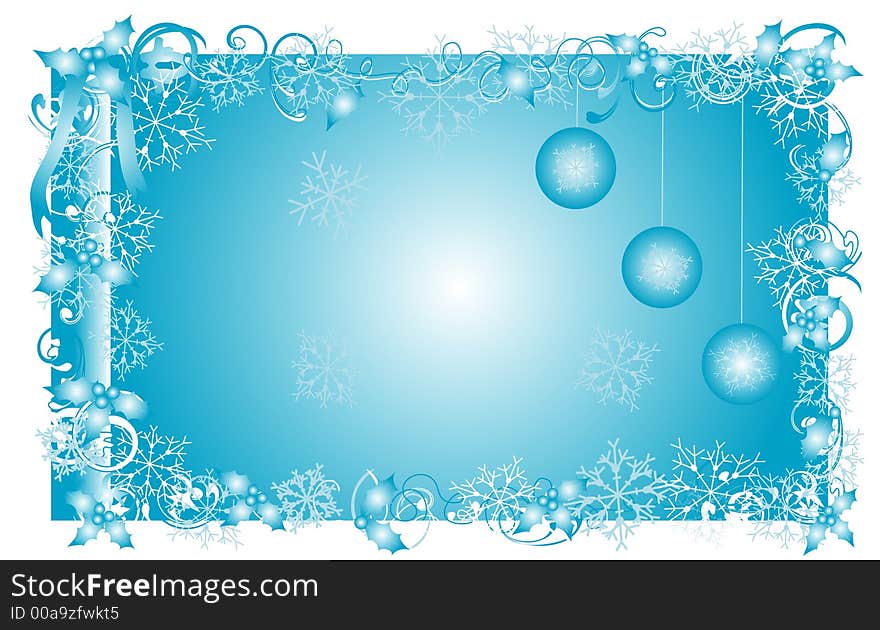 Beautiful blue and white winter background with holly,snowflakes,swirls, vines and flower frame.