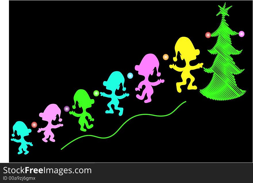 Colorful little elves trimming a christmas tree over a black background. Colorful little elves trimming a christmas tree over a black background.