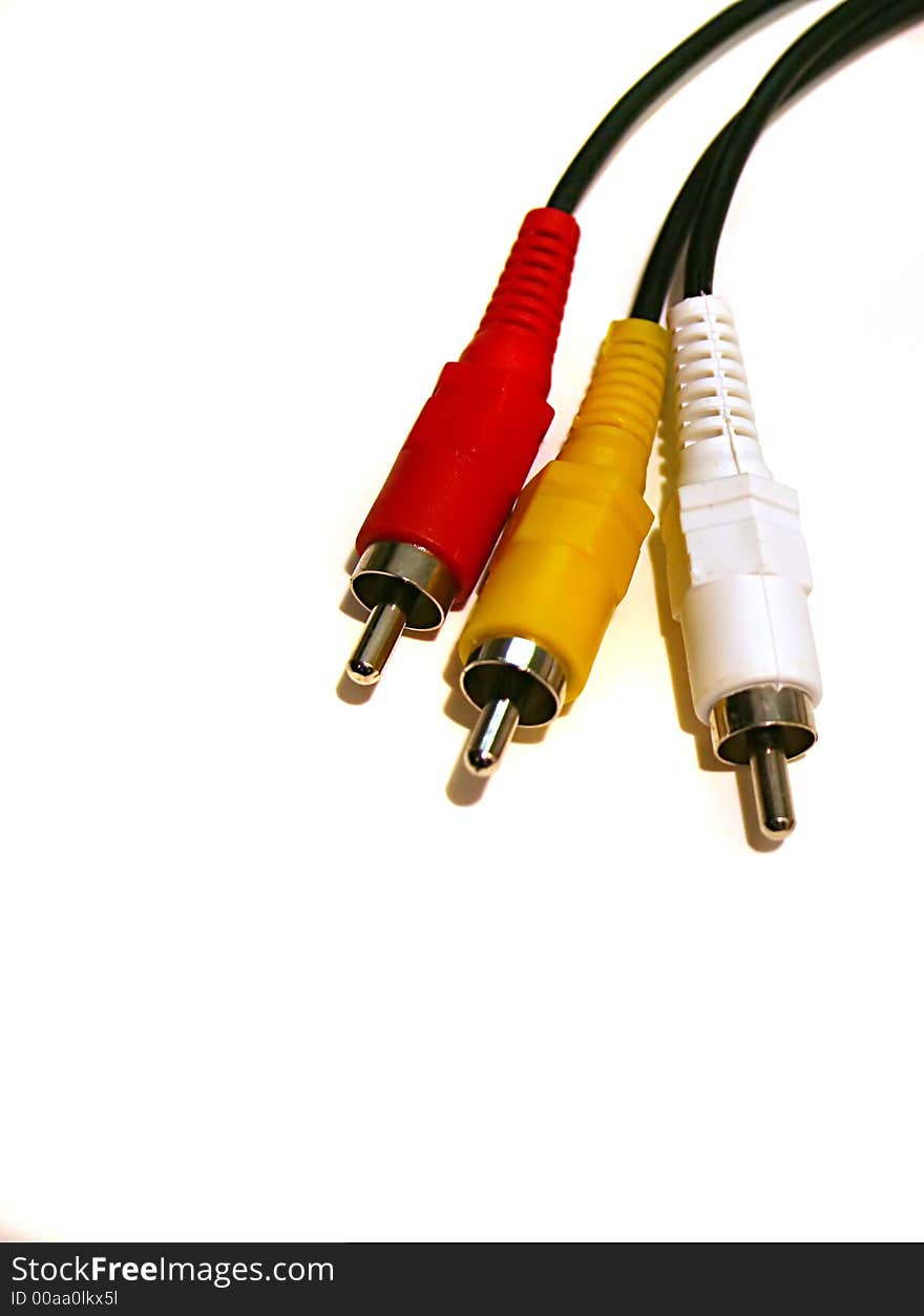 Close up of red, yellow, and white video jacks isolated on white