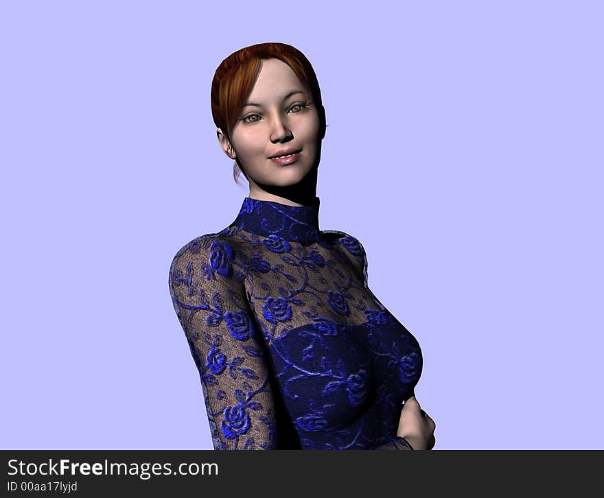 Cassandra, dressed in a blue formal, smiles at the world. 3D model, computer generated. Cassandra, dressed in a blue formal, smiles at the world. 3D model, computer generated.