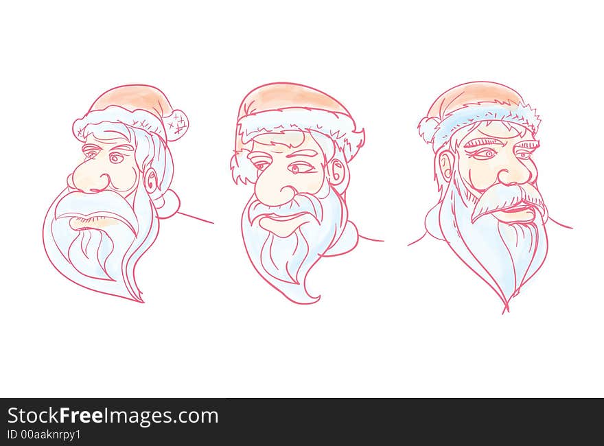 Three santa heads (The water colour fills)