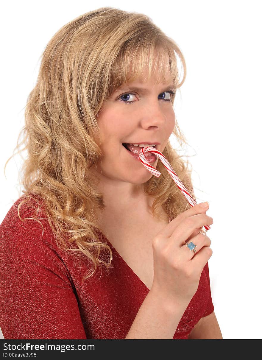 Woman eating Candy Cane