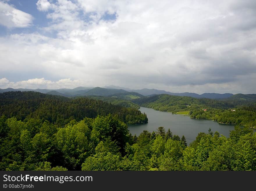 Lake surrounded with mountains with clouds