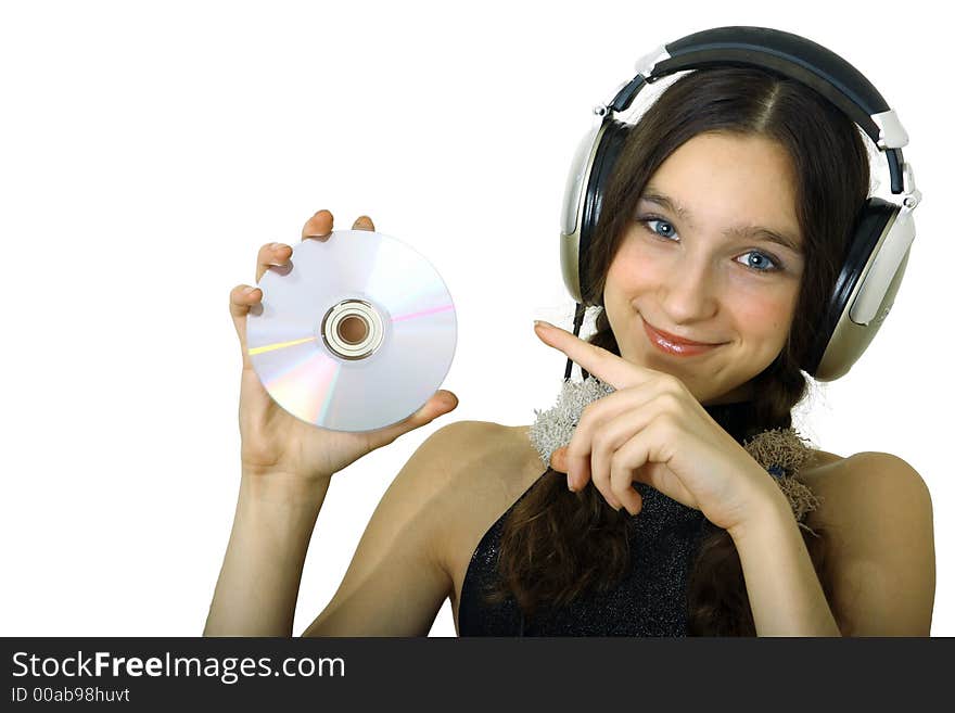 Teenager smiling girl with headphones listen music isolated over white