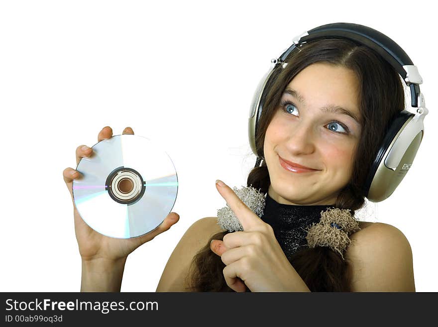 Teenager smiling girl with headphones listen music isolated over white