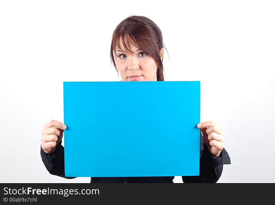 Attractive woman with blue banner on white background. Attractive woman with blue banner on white background