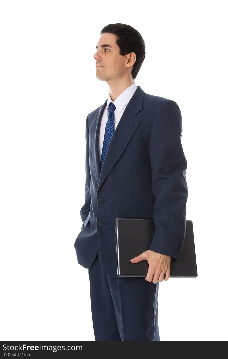 Man in blue suit on white background with laptop. Man in blue suit on white background with laptop