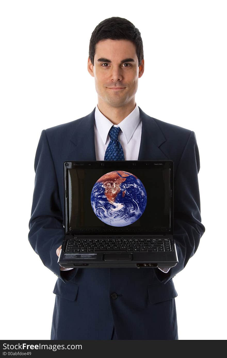 Man in blue suit showing laptop at the camera