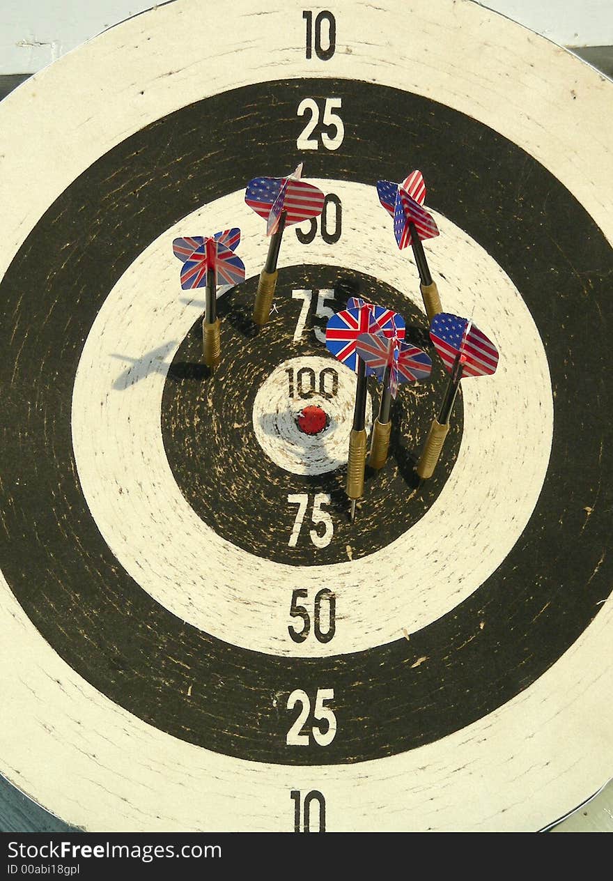 Old dartboard with arrows like flags. Old dartboard with arrows like flags