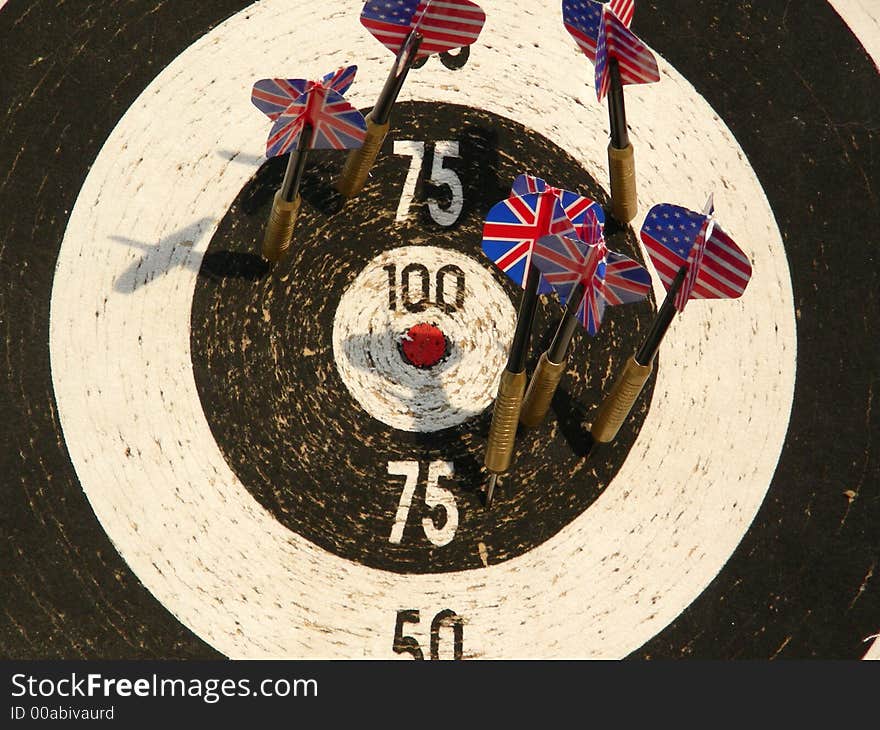 Dartboard with lots of arrows like flags. Dartboard with lots of arrows like flags