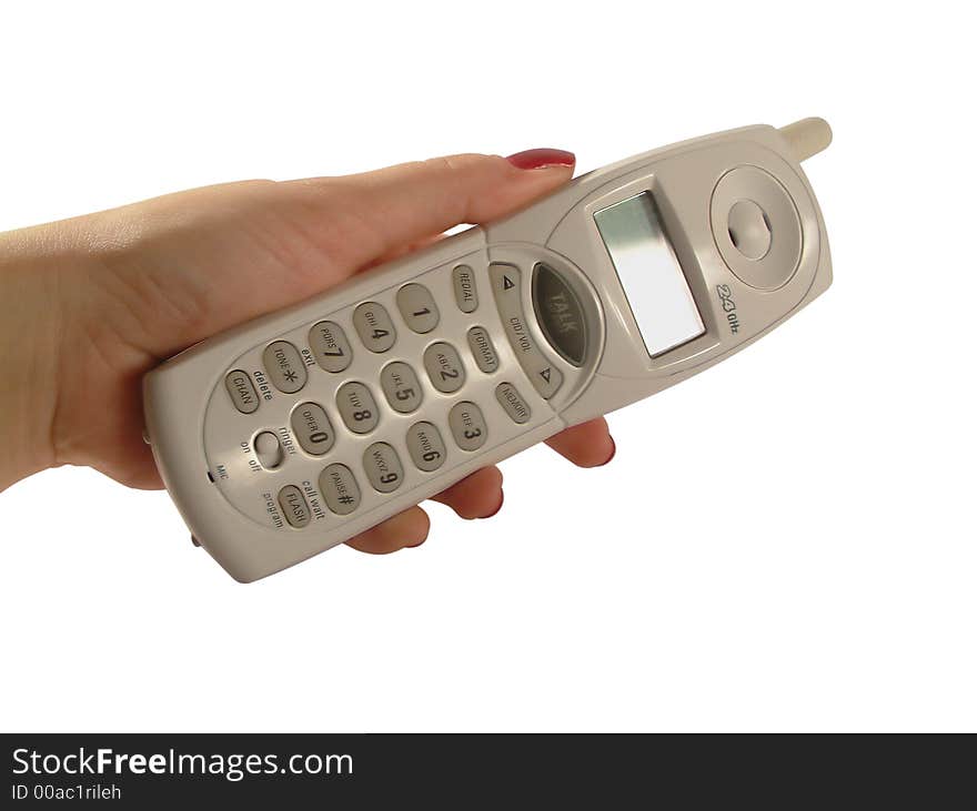 Hand holding wireless home phone on white background. Hand holding wireless home phone on white background