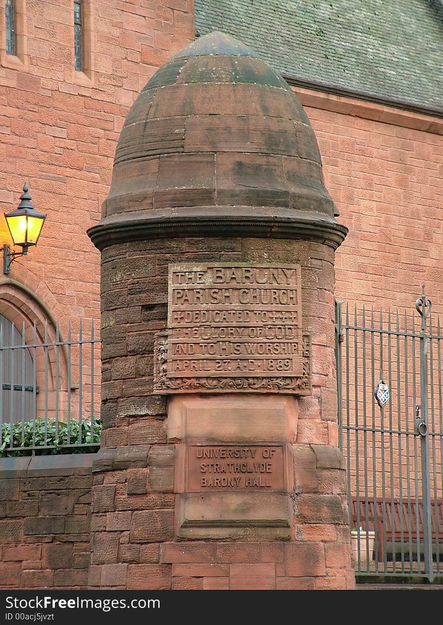 Inscription Pillar For The Glasgow Barony Church