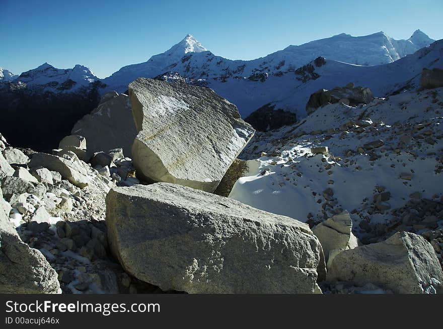 Big stones on the glacier in Cordilleras. Big stones on the glacier in Cordilleras