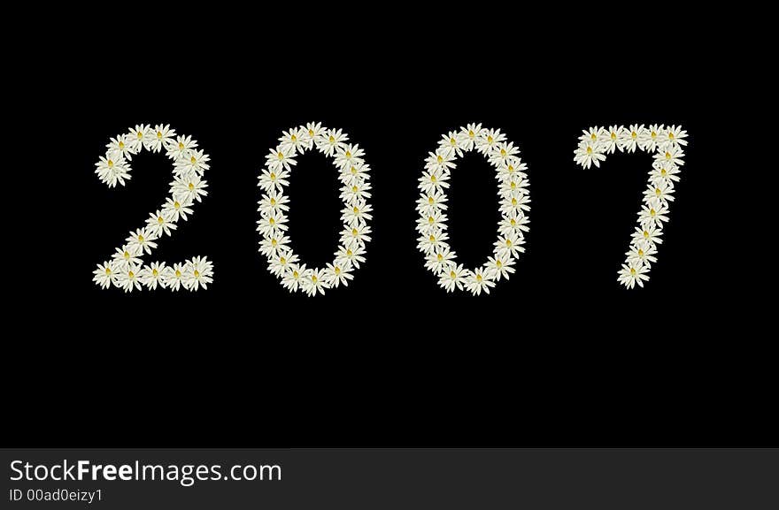 Happy new year! Number 2007 isolated on black. All digits are made from white flowers (water lily)