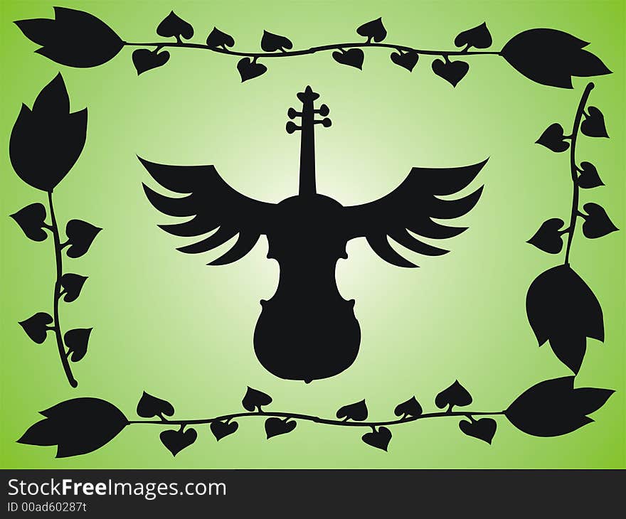 Green background with flower frame and violin with wings. Green background with flower frame and violin with wings