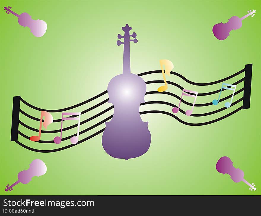 Colored background with violins and musical notes. Colored background with violins and musical notes