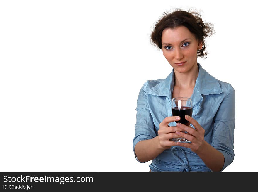 Beautiful brunet girl grooving with cup of red wine isolated over white. Beautiful brunet girl grooving with cup of red wine isolated over white