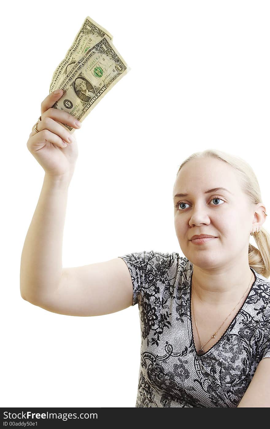 Girl waveing dollar bills on the white background. Girl waveing dollar bills on the white background