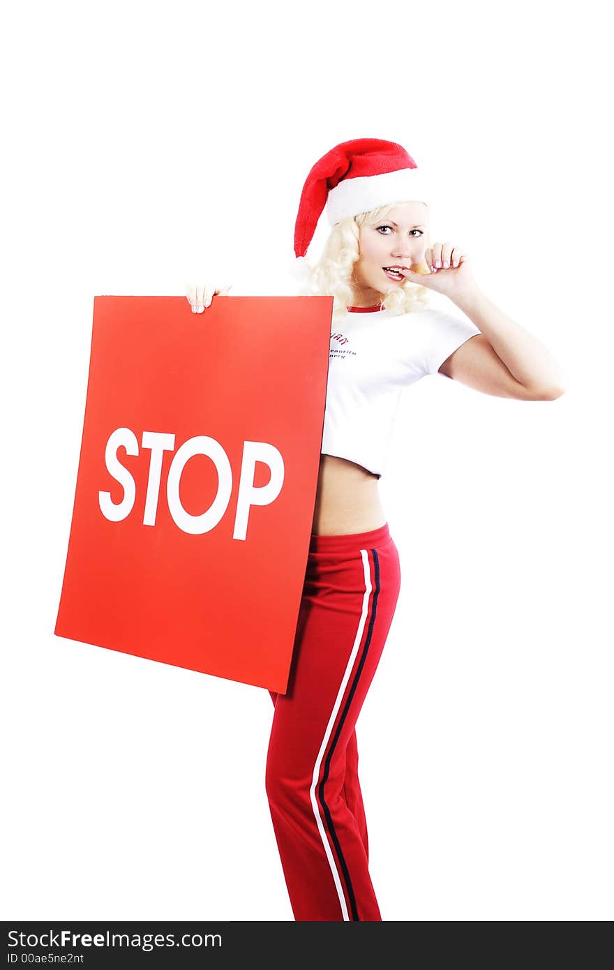 Beautiful woman  in a santa's cap cell phone. Isolated on white background. Beautiful woman  in a santa's cap cell phone. Isolated on white background