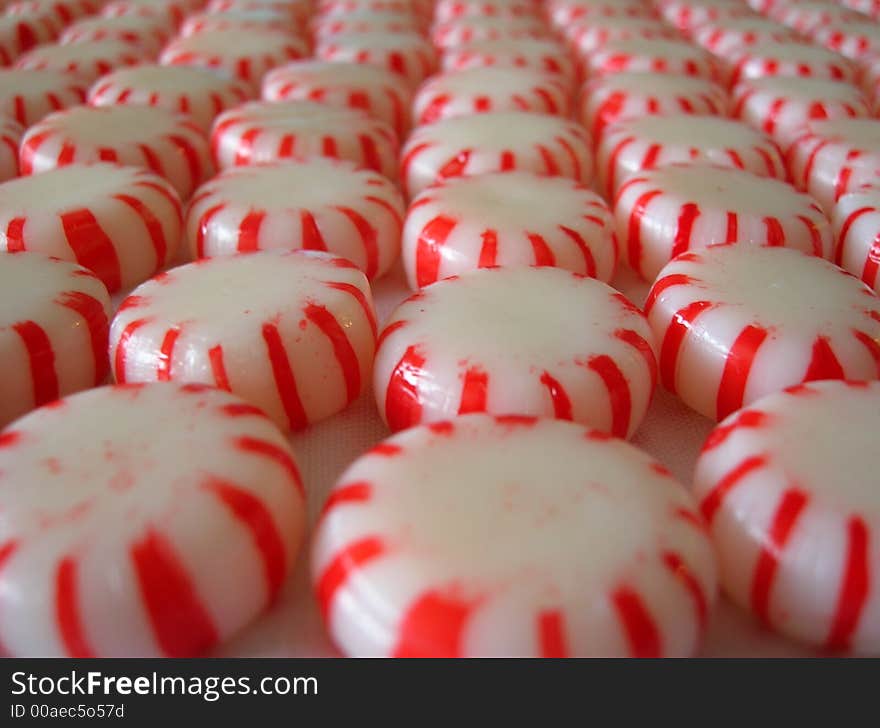 Rows of red and white peppermints.