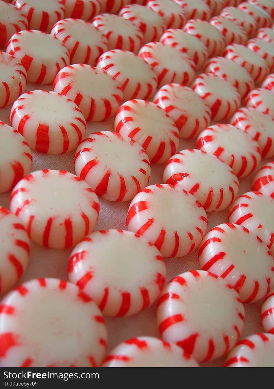 Rows of red and white peppermints.