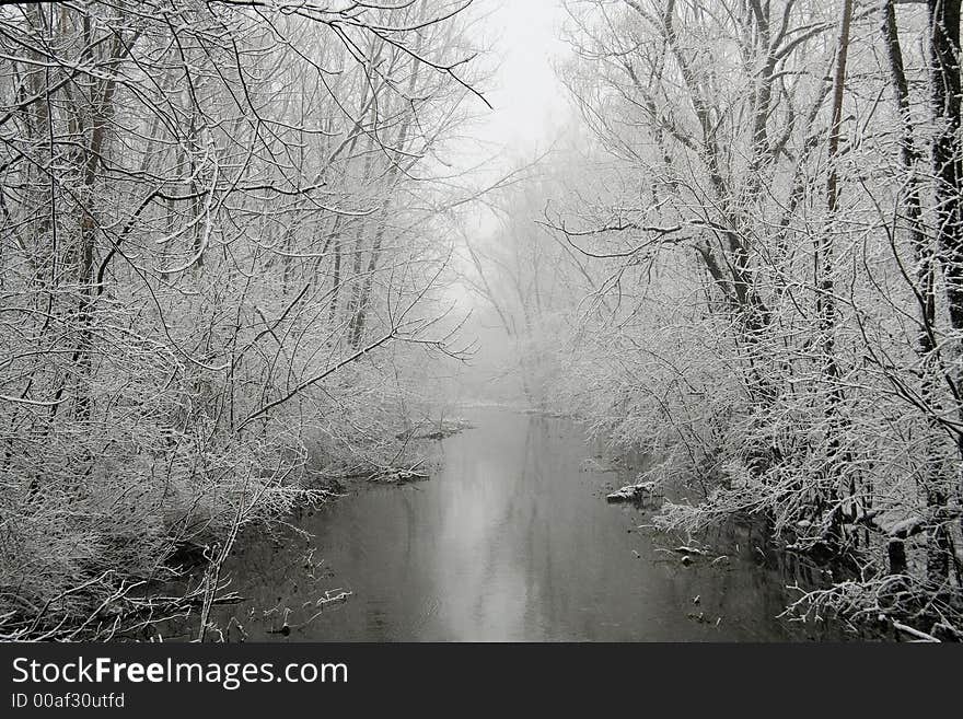 A forest and river photographed during a snow storm. A forest and river photographed during a snow storm.