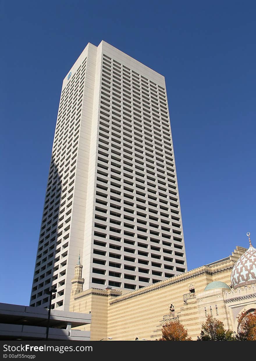 White granite skyscraper office agianst blue sky, Atlanta