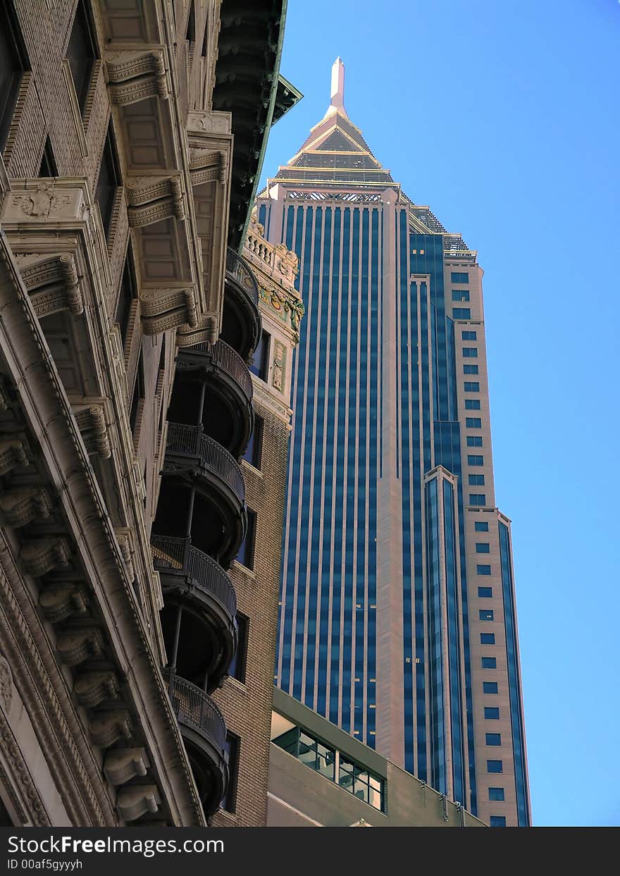 Skyscrapers old and new midtown, blue sky, Atlanta