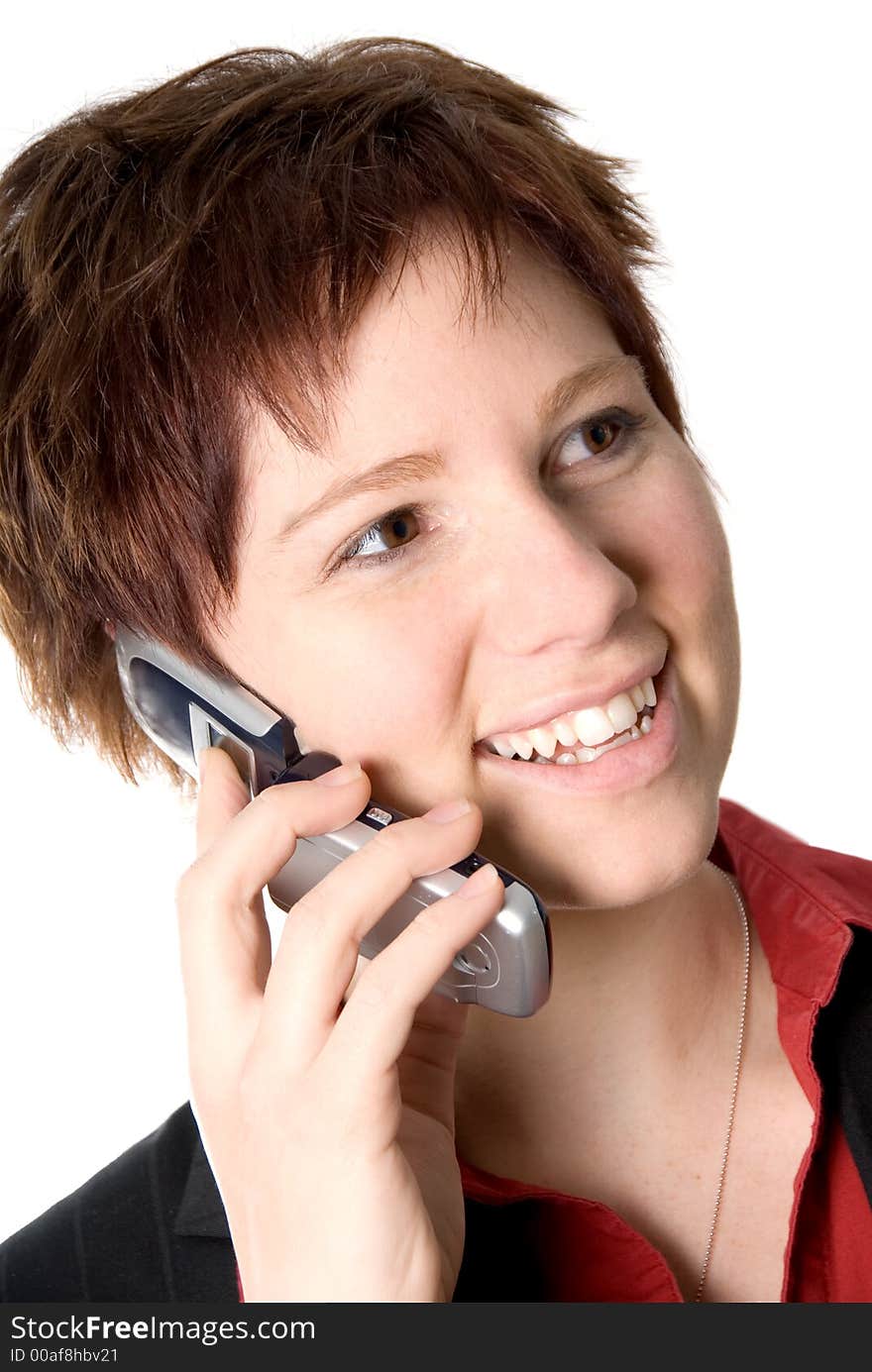 Woman on a business call with a smiling face. Woman on a business call with a smiling face