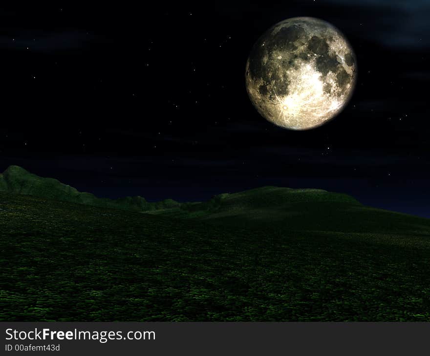 The moon in the nighttime sky in an landscape. The moon in the nighttime sky in an landscape.