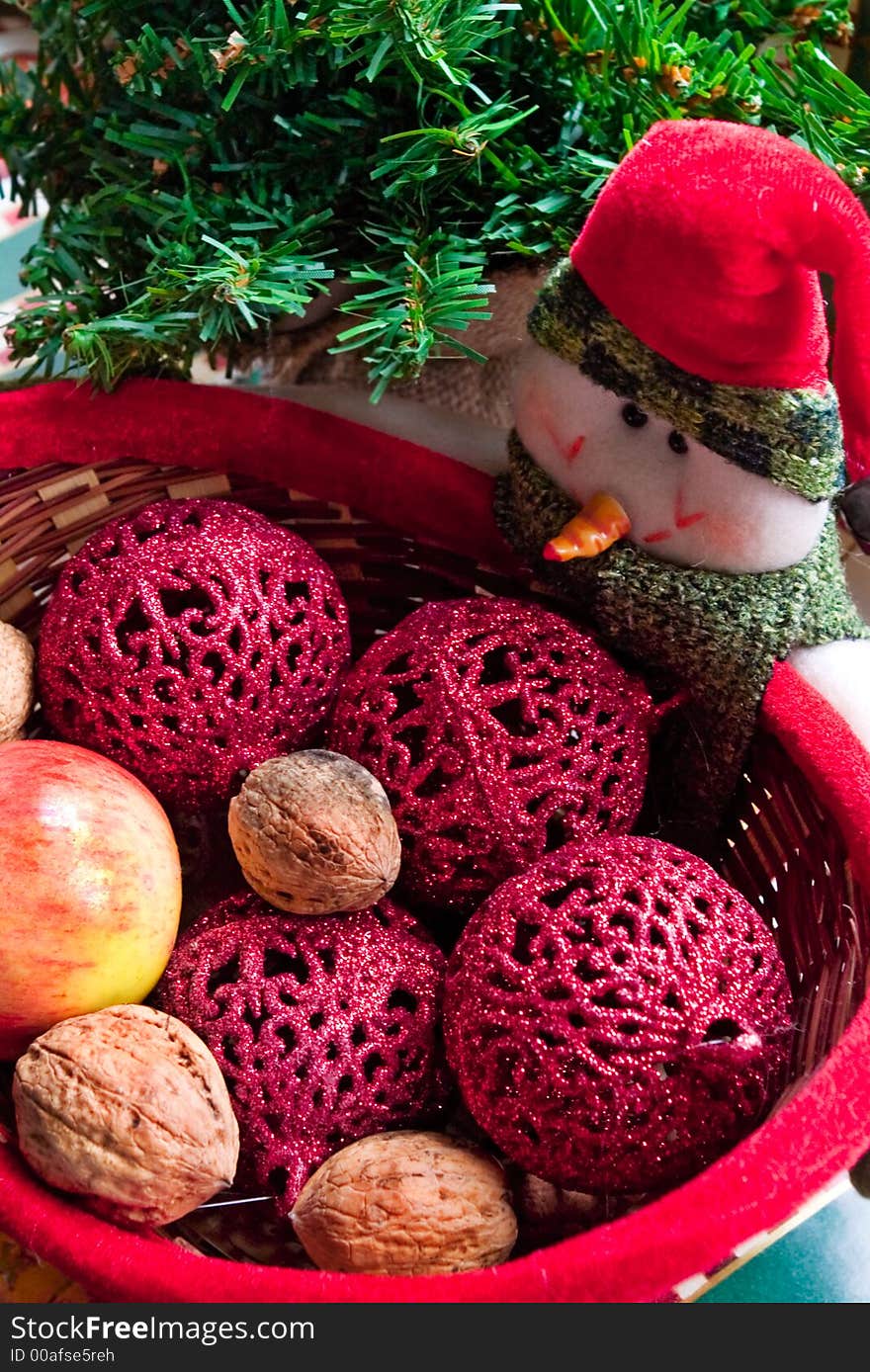 Snowmen with basket of christmas presents. Snowmen with basket of christmas presents