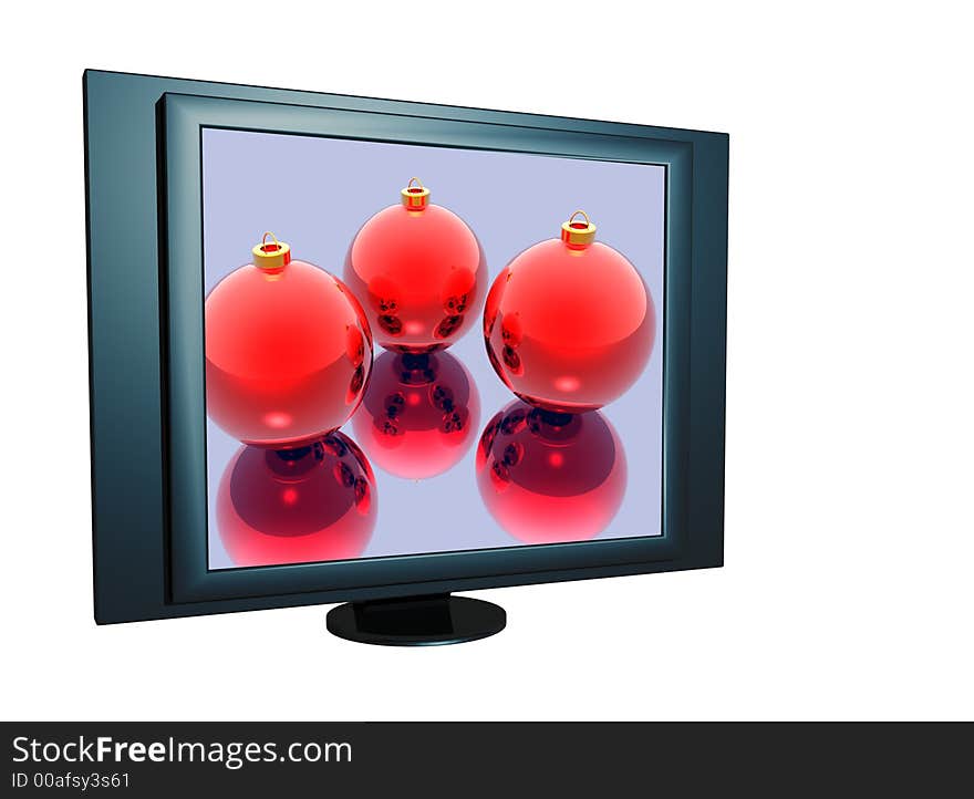 LCD monitor with Xmas balls isolated on white background.3D - illustration. LCD monitor with Xmas balls isolated on white background.3D - illustration.