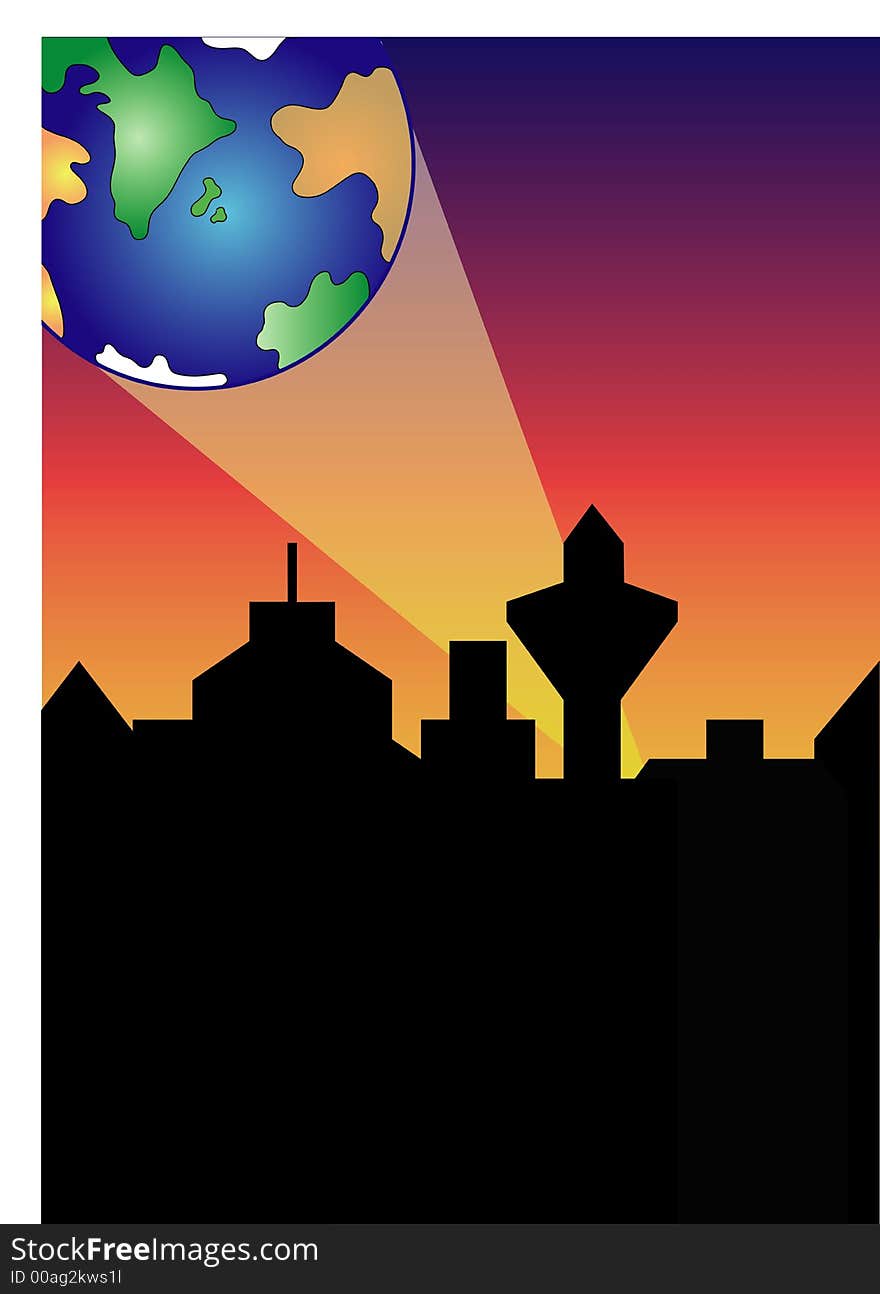 City skyline in front of a gradient background, a spolight searching for a new earth. This file is also available as Illustrator-file. City skyline in front of a gradient background, a spolight searching for a new earth. This file is also available as Illustrator-file