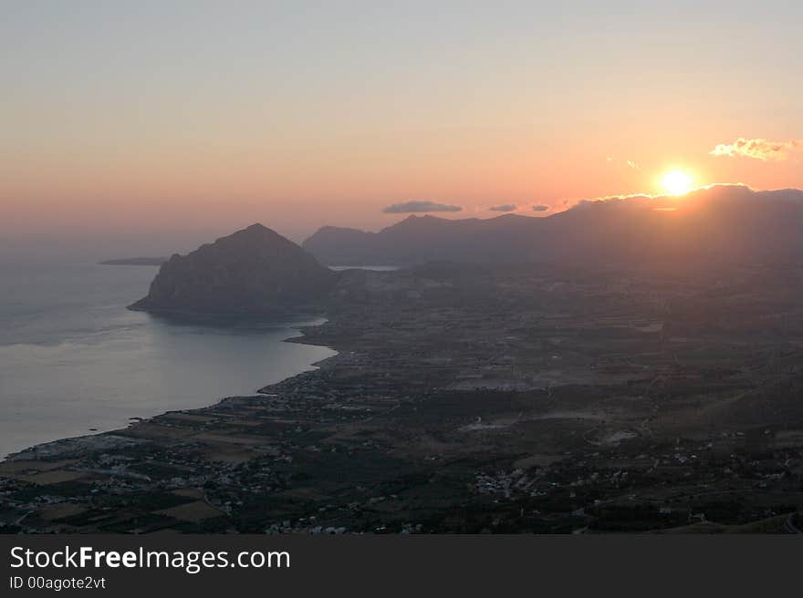 Sunrise in the Italy, Sicily. View from the top of the Eriche mountain.