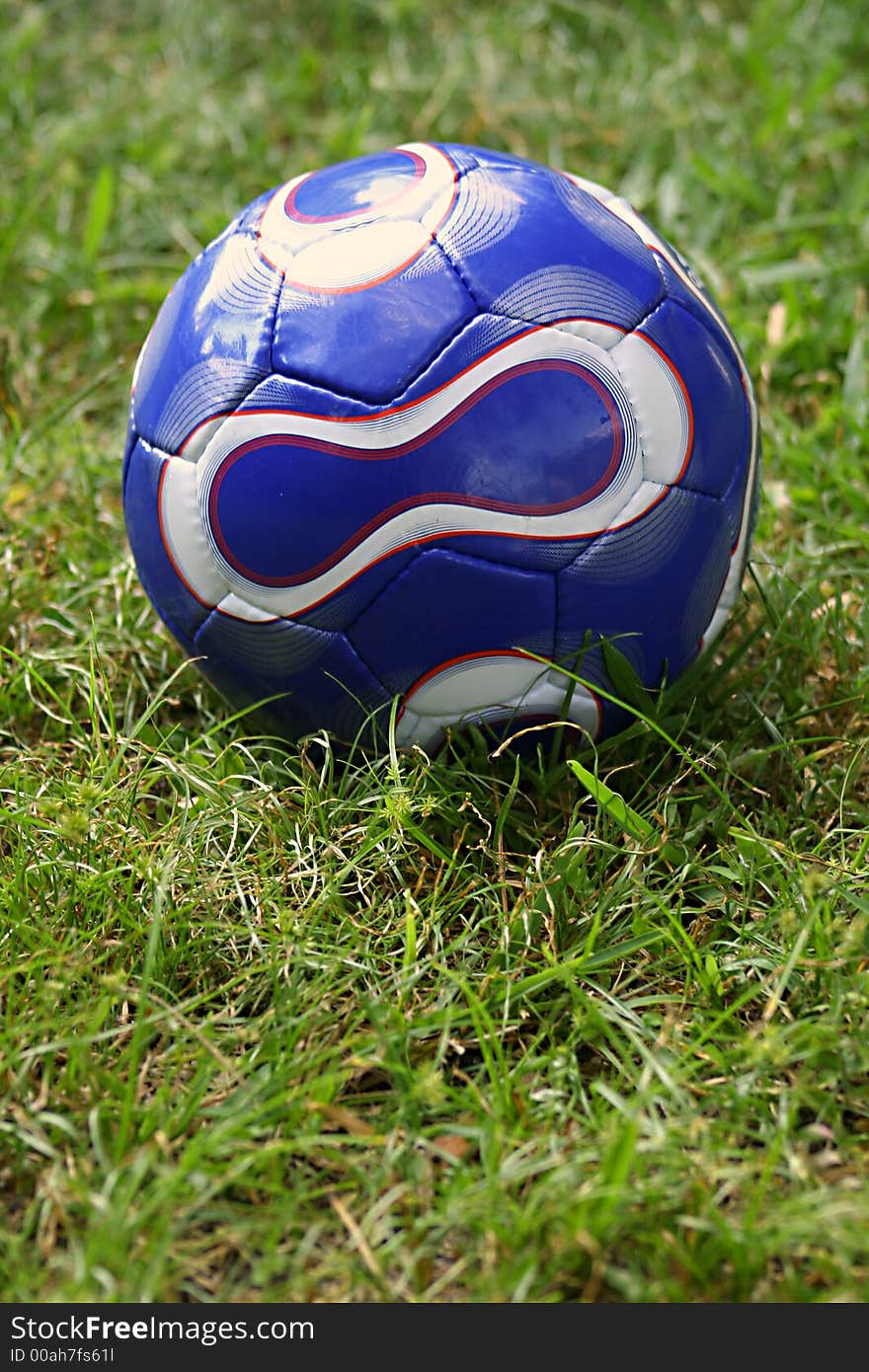 Blue soccer ball in grass outside