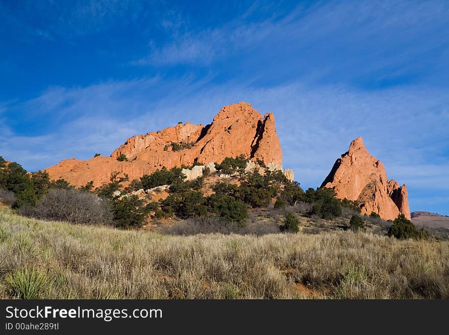 Two large rock formations from the Garden of the Gods Park in Colorado Springs.