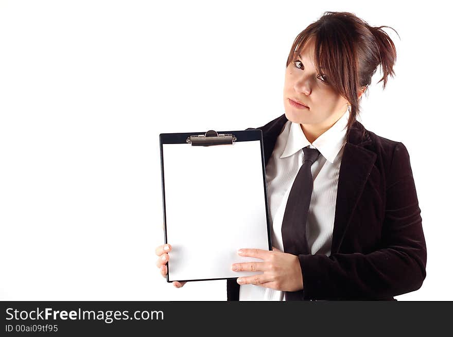 Attractive woman with blank paper on white background. Attractive woman with blank paper on white background