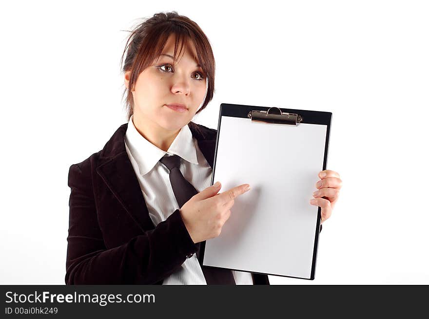 Attractive woman with blank paper on white background. Attractive woman with blank paper on white background