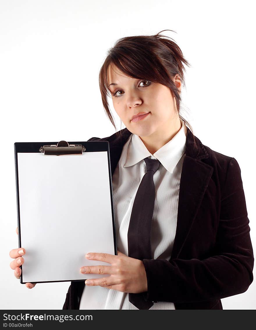 Attractive woman with blank paper on white background. Attractive woman with blank paper on white background