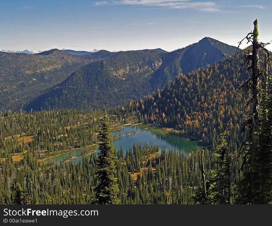 This image of the alpine lake surrounded by the golden color of the tamaracks was taken in western MT. This image of the alpine lake surrounded by the golden color of the tamaracks was taken in western MT.